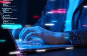 Business man using computer hand close up futuristic cyber space